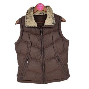 Columbia Puffer Vest Sleeveless Jacket Down Filled Womens M Brown Fur Collar